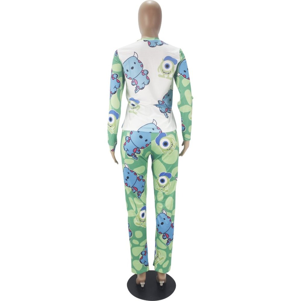 D984 Blue/Green Cartoon Character Inspired Printed Pajama Set - Picture 3 of 3